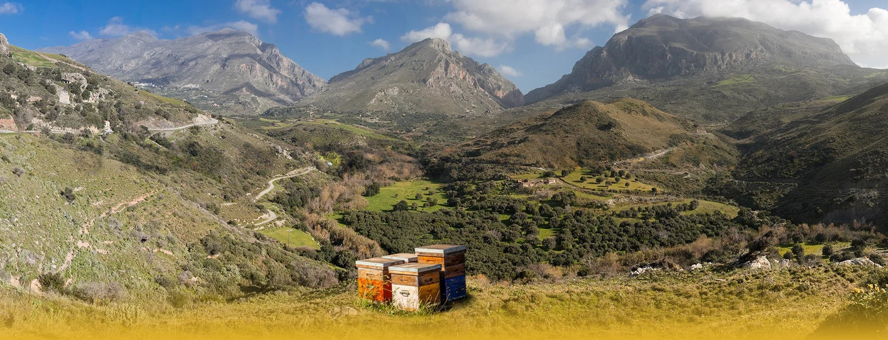 Rauwe honing met bijenkasten in een bergachtig landschap van een imkerij
